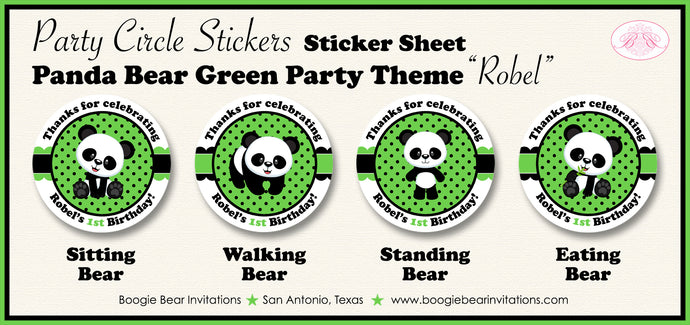 Panda Bear Birthday Party Circle Stickers Sheet Round Green Black Zoo Wild Animals Jungle Kids Boy Girl Boogie Bear Invitations Robel Theme
