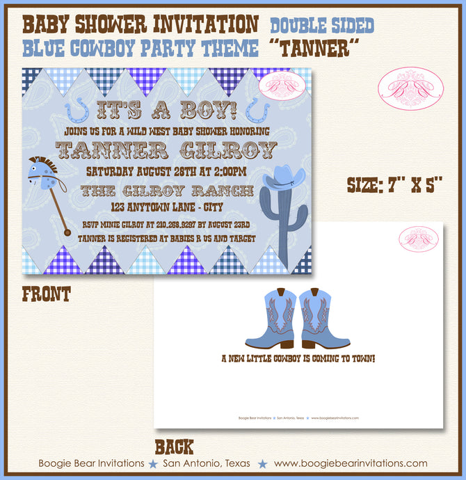 Blue Cowboy Baby Shower Invitation Boots Hat Boogie Bear Invitations Tanner Theme Paperless Printable Printed