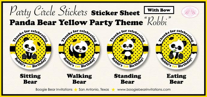Panda Bear Birthday Party Circle Stickers Sheet Round Yellow Black Zoo Wild Animals Jungle Kids Boy Girl Boogie Bear Invitations Robbi Theme
