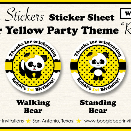 Panda Bear Birthday Party Circle Stickers Sheet Round Yellow Black Zoo Wild Animals Jungle Kids Boy Girl Boogie Bear Invitations Robbi Theme