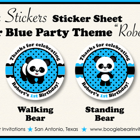 Panda Bear Birthday Party Circle Stickers Sheet Round Blue Black Zoo Wild Animals Jungle Kids Boy Girl Boogie Bear Invitations Robert Theme