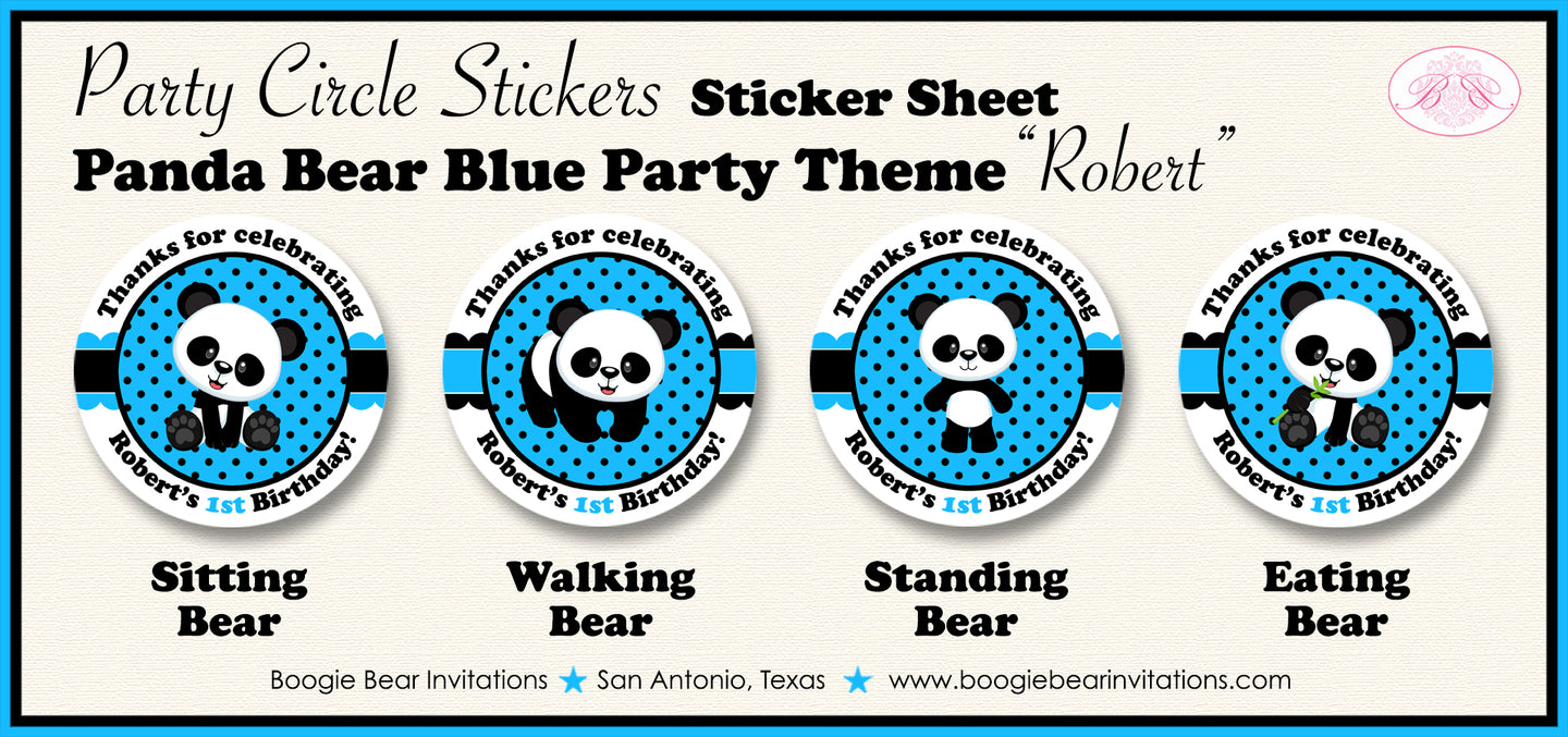 Panda Bear Birthday Party Circle Stickers Sheet Round Blue Black Zoo Wild Animals Jungle Kids Boy Girl Boogie Bear Invitations Robert Theme