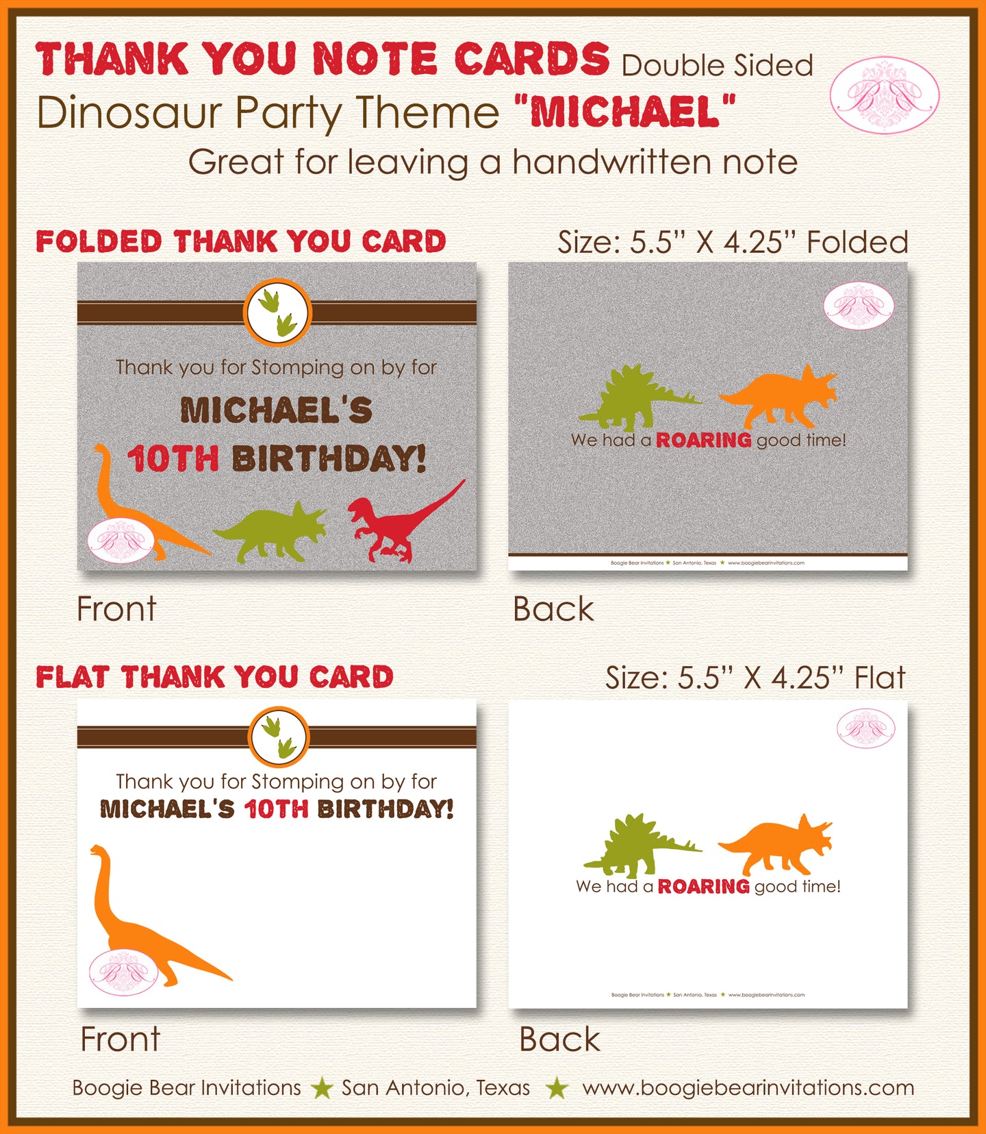 Dinosaur Birthday Party Thank You Card Modern Boogie Bear Invitations Michael Theme Printed