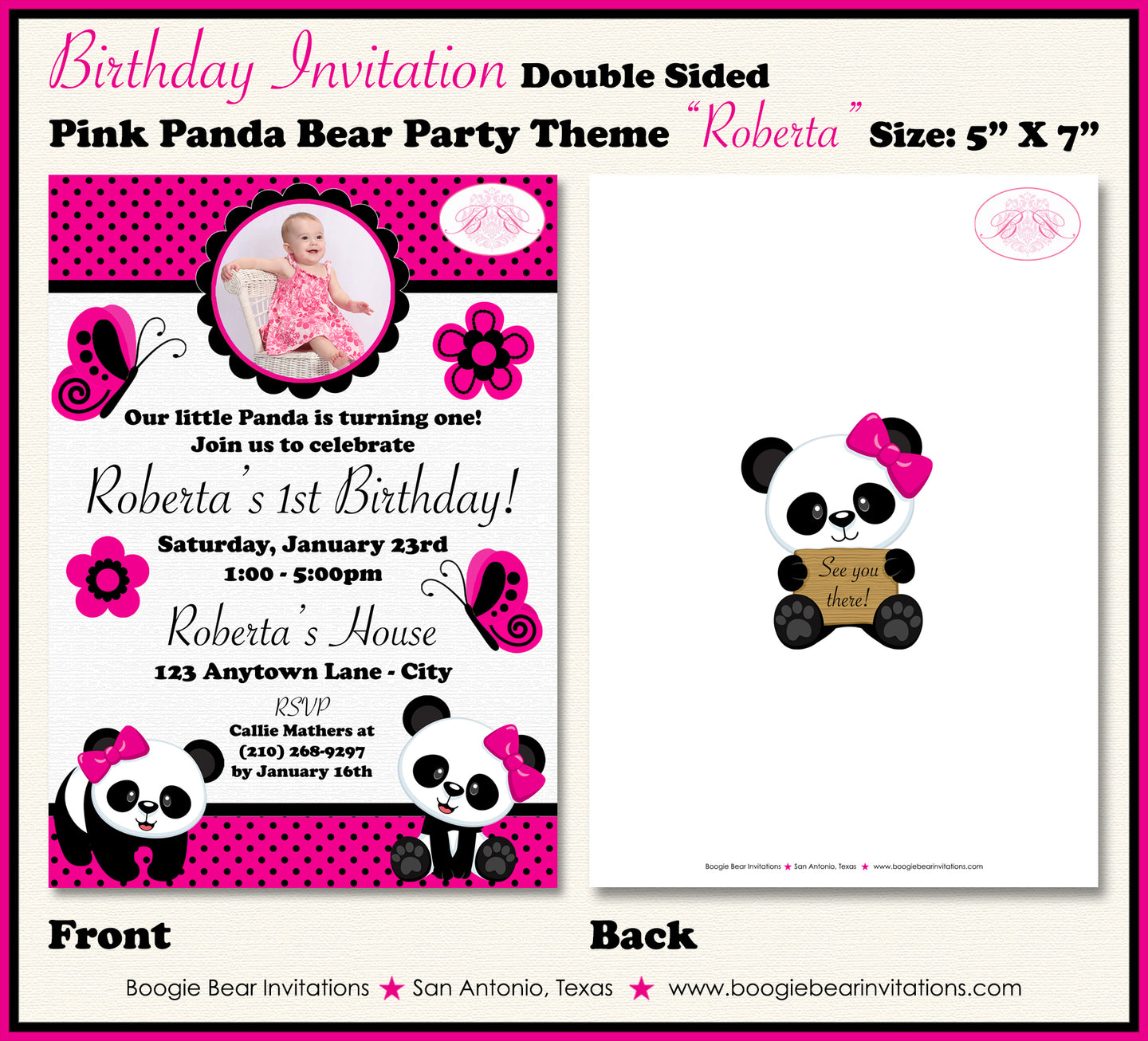 Panda Bear Birthday Party Invitation Photo Girl Little Pink Black Wild Zoo Boogie Bear Invitations Roberta Theme Paperless Printable Printed