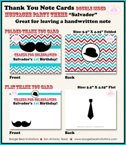 Mustache Birthday Party Thank You Card Retro Boy Red Blue Boogie Bear Invitations Salvador Theme Printed