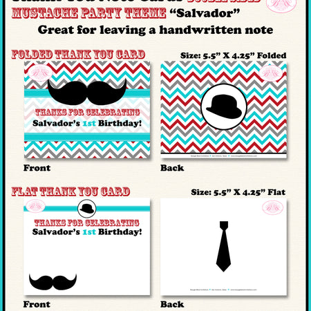 Mustache Birthday Party Thank You Card Retro Boy Red Blue Boogie Bear Invitations Salvador Theme Printed