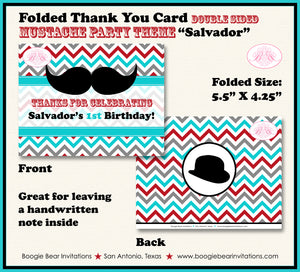 Mustache Birthday Party Thank You Card Retro Boy Red Blue Boogie Bear Invitations Salvador Theme Printed