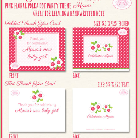 Pink Floral Baby Shower Party Thank You Cards Note Polka Dot Flowers Boogie Bear Invitations Maria Theme Printed