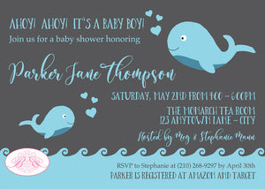 Blue Whale Baby Shower Invitation Party Boogie Bear Invitations Parker Theme Paperless Printable Printed