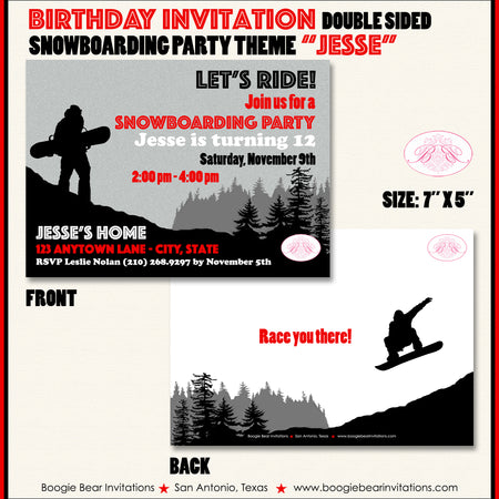 Snowboarding Birthday Party Invitation Red Snowboard Boogie Bear Invitations Jesse Theme Printed