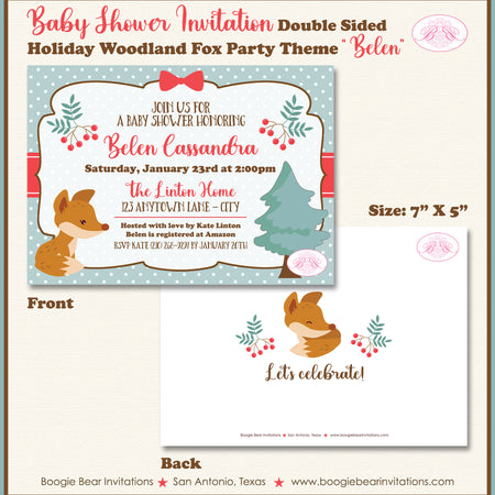 Woodland Holiday Fox Baby Shower Invitation Winter Christmas Boogie Bear Invitations Belen Theme Paperless Printable Printed