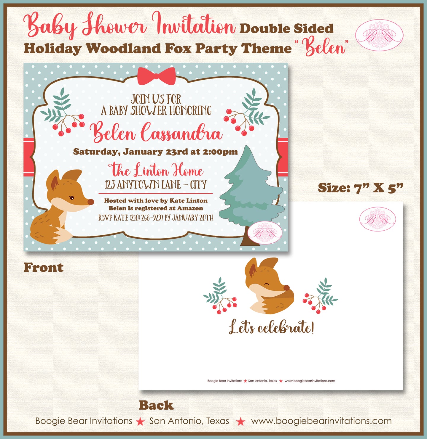 Woodland Holiday Fox Baby Shower Invitation Winter Christmas Boogie Bear Invitations Belen Theme Paperless Printable Printed