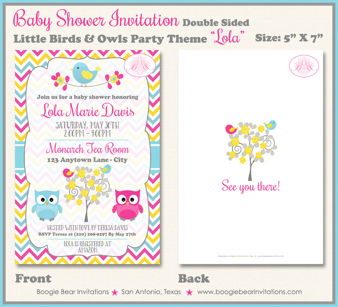 Woodland Birds Owls Baby Shower Invitation Boogie Bear Invitations Lola Theme Paperless Printable Printed