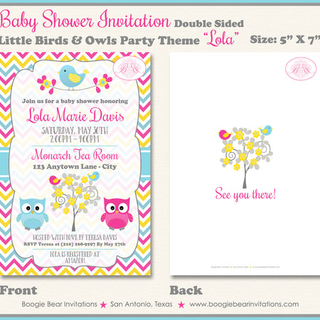 Woodland Birds Owls Baby Shower Invitation Boogie Bear Invitations Lola Theme Paperless Printable Printed