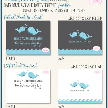 Blue Whale Baby Shower Thank You Card Favor Party Boogie Bear Invitations Parker Theme Printed