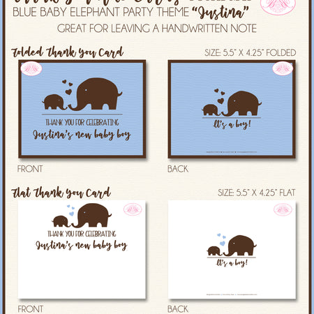 Blue Elephant Baby Shower Thank You Card Favor Party Boogie Bear Invitations Justina Theme Printed