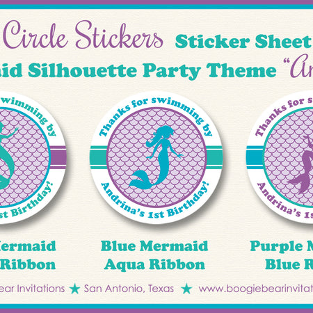 Mermaid Swimming Birthday Party Stickers Circle Sheet Pool Ocean Under the Sea Splash Bash Swim Boogie Bear Invitations Andrina Theme