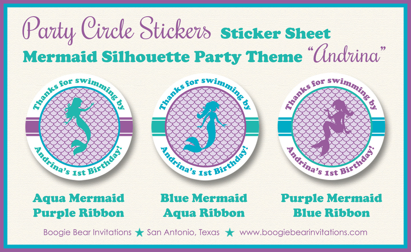 Mermaid Swimming Birthday Party Stickers Circle Sheet Pool Ocean Under the Sea Splash Bash Swim Boogie Bear Invitations Andrina Theme