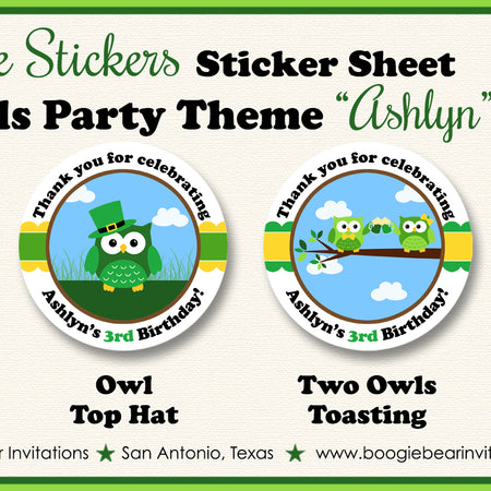 St. Patrick's Owls Party Circle Stickers Birthday Girl Boy Woodland Animals Green Forest Shamrock Clover Boogie Bear Invitations Ashlyn Theme