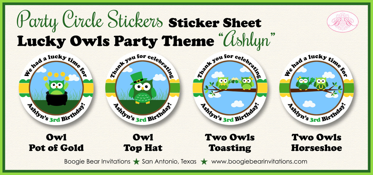 St. Patrick's Owls Party Circle Stickers Birthday Girl Boy Woodland Animals Green Forest Shamrock Clover Boogie Bear Invitations Ashlyn Theme