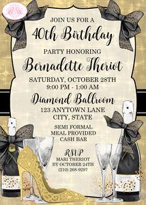 Black Gold Modern Birthday Party Invitation Champagne Formal Hig Heels Boogie Bear Invitations Bernadette Theme Paperless Printable Printed