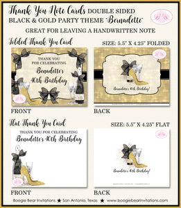 Black Gold Party Thank You Cards Birthday Champagne High Heel Shoes Fashion Chic Fashionista Boogie Bear Invitations Bernadette Theme Printed