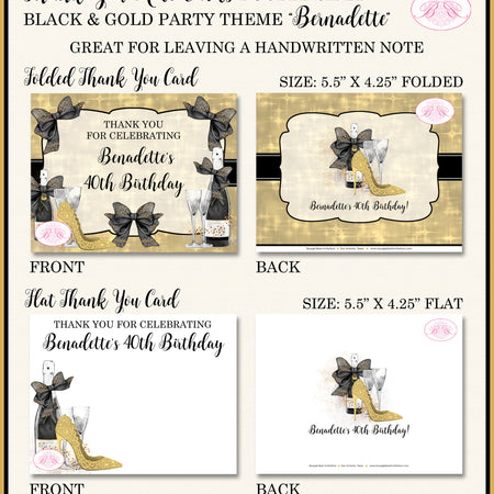 Black Gold Party Thank You Cards Birthday Champagne High Heel Shoes Fashion Chic Fashionista Boogie Bear Invitations Bernadette Theme Printed