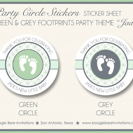 Green Grey Footprints Baby Shower Party Stickers Boogie Bear Invitations Jade Theme