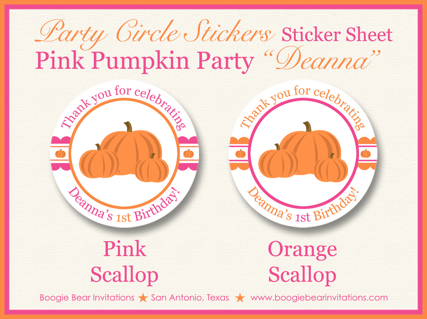 Pink Pumpkin Birthday Party Stickers Circle Sheet Round Circle Tag Girl Boogie Bear Invitations Deanna Theme
