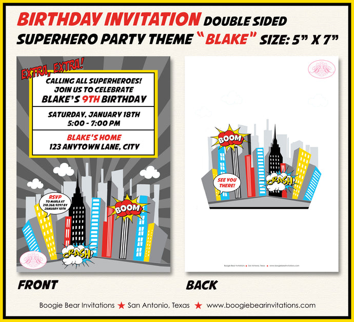 Superhero Birthday Party Invitation Comic Cityscape Retro Skyline Boogie Bear Invitations Blake Theme Paperless Printable Printed