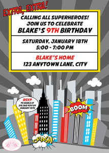 Superhero Birthday Party Invitation Comic Cityscape Retro Skyline Boogie Bear Invitations Blake Theme Paperless Printable Printed