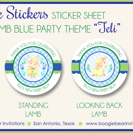 Blue Little Lamb Baby Shower Party Stickers Circle Sheet Round Boogie Bear Invitations Teli Theme