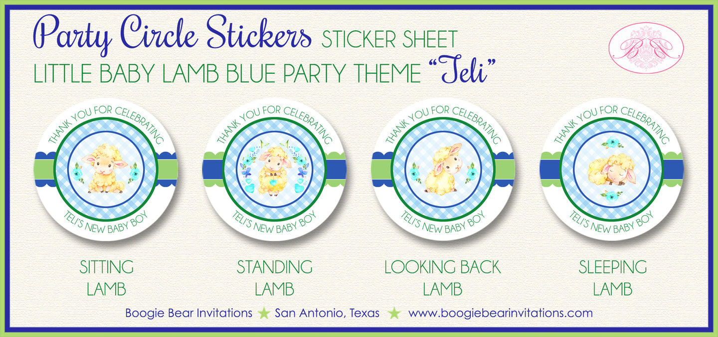 Blue Little Lamb Baby Shower Party Stickers Circle Sheet Round Boogie Bear Invitations Teli Theme