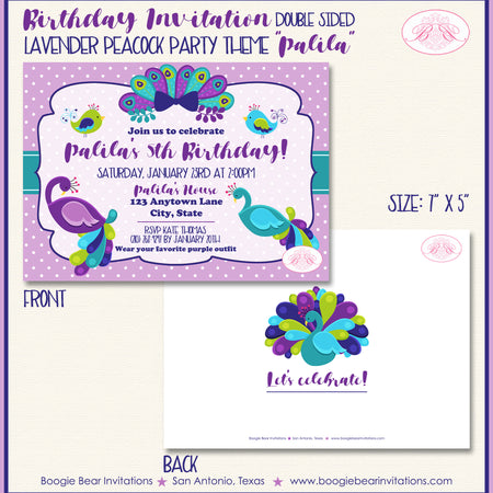 Peacock Bird Birthday Party Invitation Purple Girl Boogie Bear Invitations Palila Theme Paperless Printable Printed