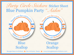 Blue Pumpkin Birthday Party Stickers Circle Sheet Round Circle Little Boy Autumn Fall Thanksgiving Farm Boogie Bear Invitations Aiden Theme