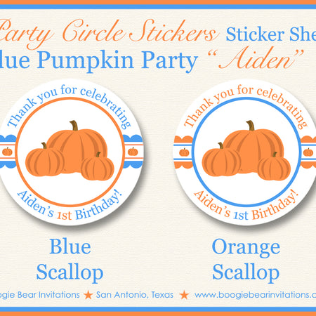 Blue Pumpkin Birthday Party Stickers Circle Sheet Round Circle Little Boy Autumn Fall Thanksgiving Farm Boogie Bear Invitations Aiden Theme