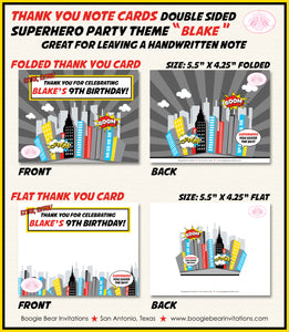 Superhero Birthday Party Thank You Card Boy Girl Super Hero Comic Skyline Retro Boogie Bear Invitations Blake Theme Printed