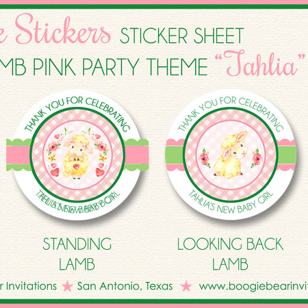 Pink Little Lamb Baby Shower Party Stickers Circle Sheet Round Boogie Bear Invitations Tahlia Theme