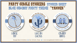 Blue Cowboy Baby Shower Party Stickers Circle Sheet Round Boogie Bear Invitations Tanner Theme