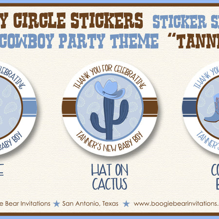 Blue Cowboy Baby Shower Party Stickers Circle Sheet Round Boogie Bear Invitations Tanner Theme