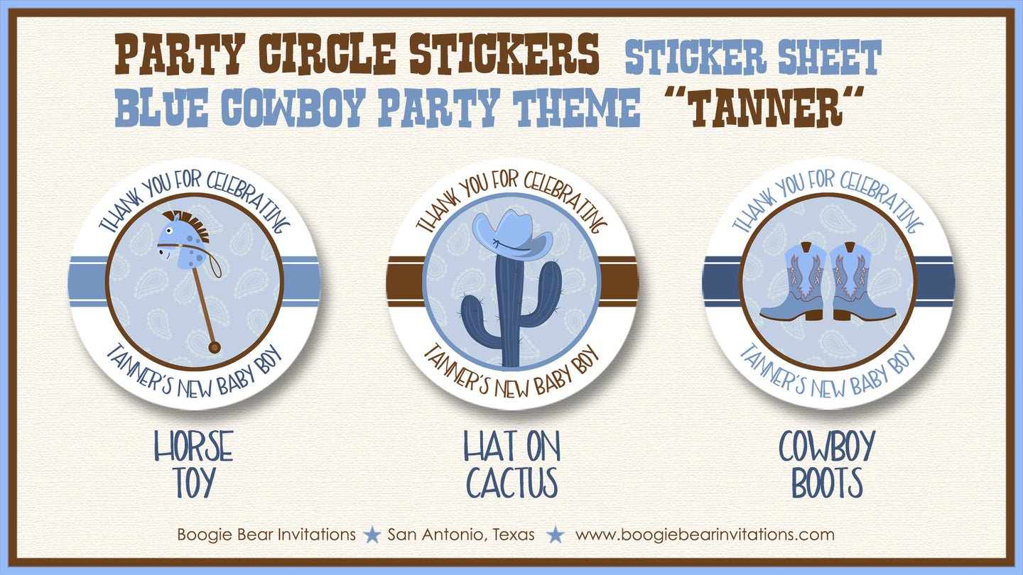 Blue Cowboy Baby Shower Party Stickers Circle Sheet Round Boogie Bear Invitations Tanner Theme