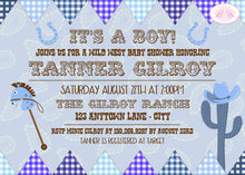 Load image into Gallery viewer, Blue Cowboy Baby Shower Invitation Boogie Bear Invitations Tanner Theme Paperless Printable Printed