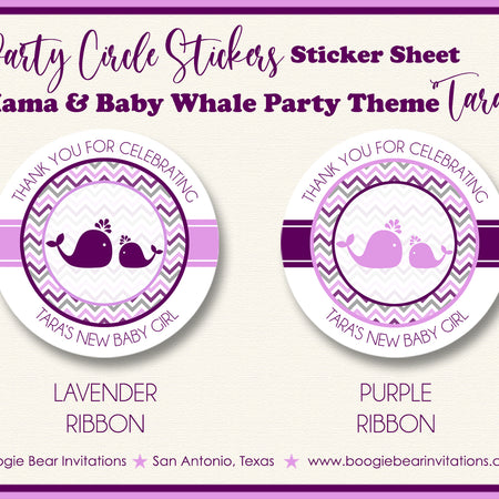 Purple Whale Baby Shower Party Stickers Circle Sheet Boogie Bear Invitations Tara Theme