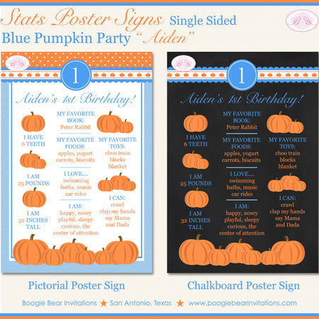 Blue Pumpkin Birthday Party Sign Stats Poster Chalkboard Farm Country Orange Boy 1st 2nd Boogie Bear Invitations Aiden Theme