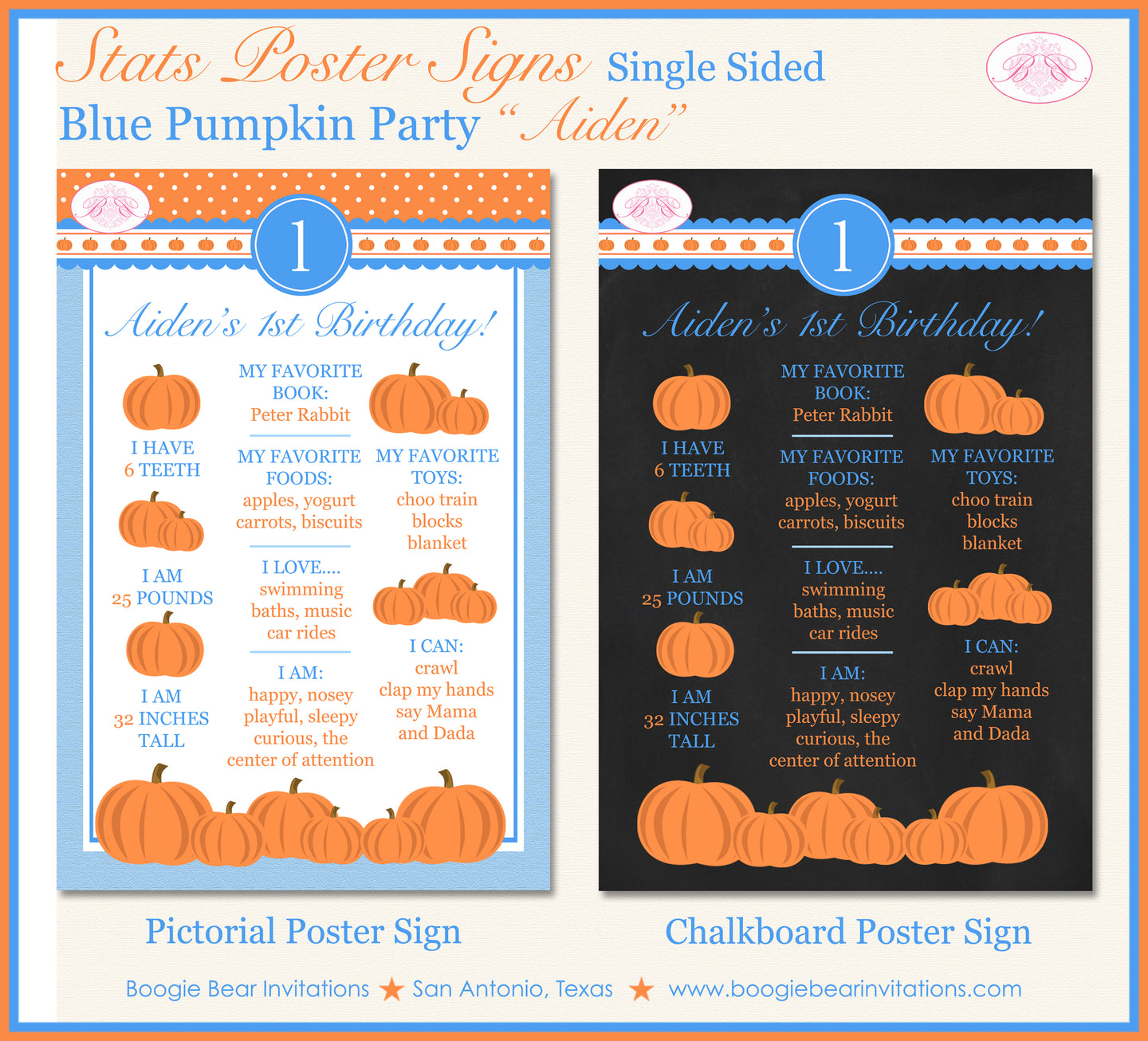 Blue Pumpkin Birthday Party Sign Stats Poster Chalkboard Farm Country Orange Boy 1st 2nd Boogie Bear Invitations Aiden Theme