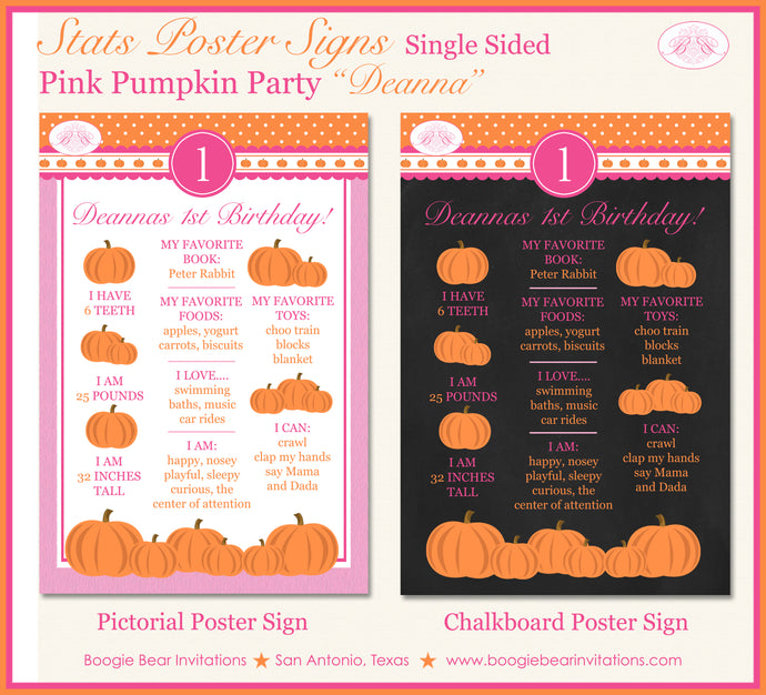 Pink Pumpkin Birthday Party Sign Stats Poster Chalkboard Farm Country Orange Girl 1st 2nd Boogie Bear Invitations Deanna Theme