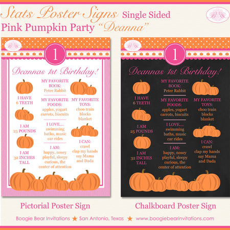 Pink Pumpkin Birthday Party Sign Stats Poster Chalkboard Farm Country Orange Girl 1st 2nd Boogie Bear Invitations Deanna Theme