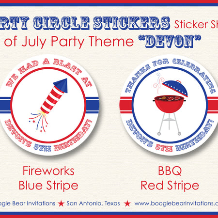 4th of July Party Stickers Circle Sheet Round Birthday BBQ Fireworks Flag USA Red White Blue Boogie Bear Invitations Devon Theme
