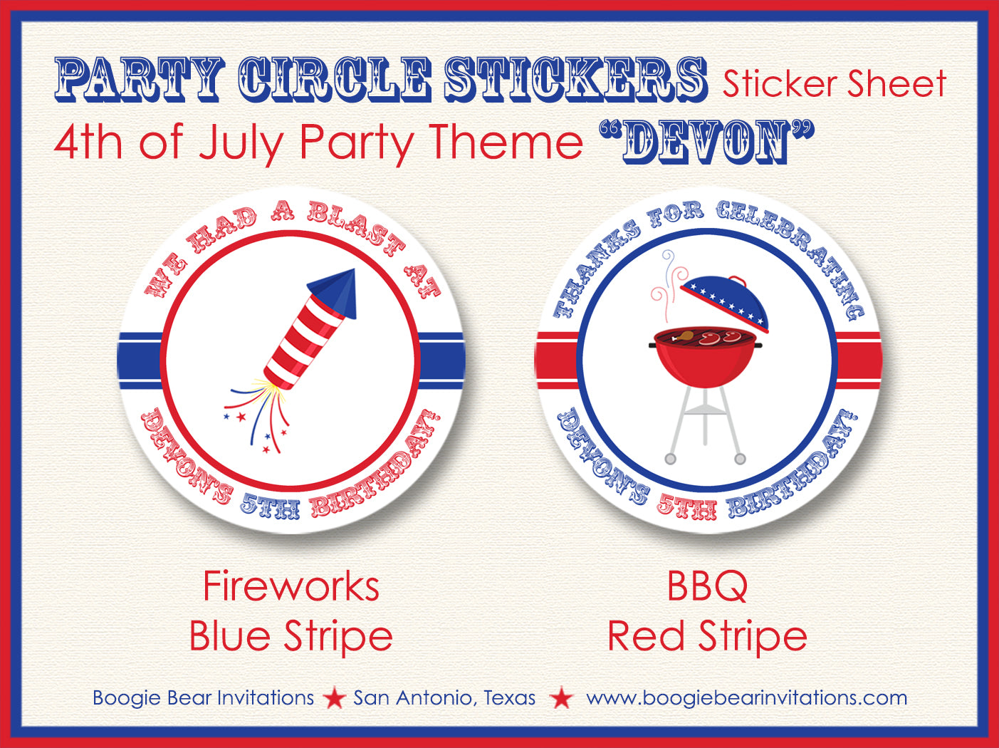 4th of July Party Stickers Circle Sheet Round Birthday BBQ Fireworks Flag USA Red White Blue Boogie Bear Invitations Devon Theme