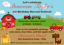 Load image into Gallery viewer, Fall Farm Birthday Party Invitation Barn Harvest Tractor Pumpkin Red Country Girl Boy Boogie Bear Donovan Theme Paperless Printable Printed
